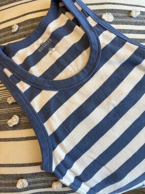 Hollister Blue and White Striped Ribbed Tank Top